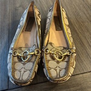 Coach Women's Tan and Gold Patterned Loafers